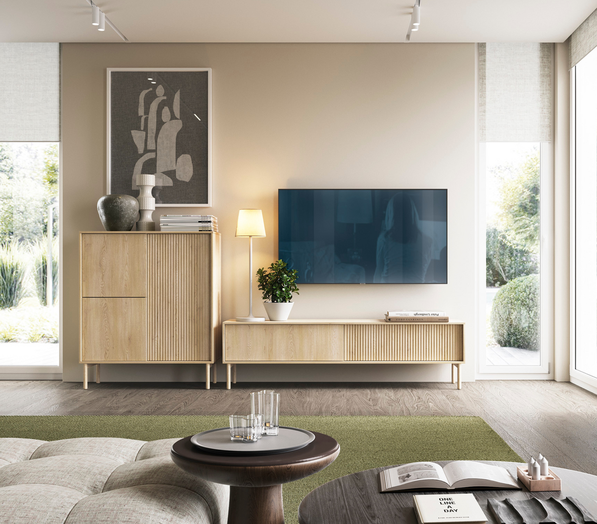 Mobile TV 2 ante con piede in legno Aries 153x51 cm