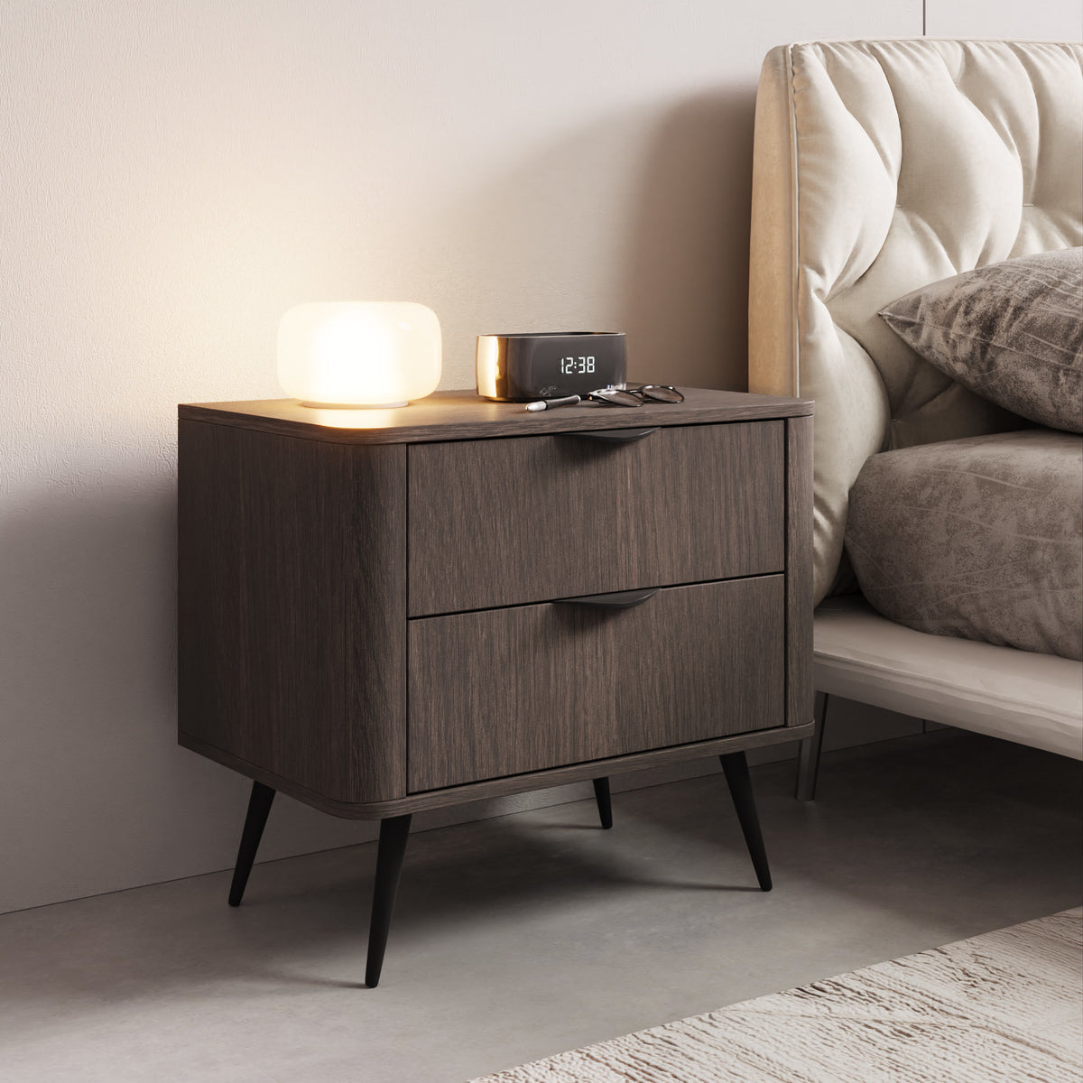 Comodino 2 cassetti con piede in metallo Veris 63x55