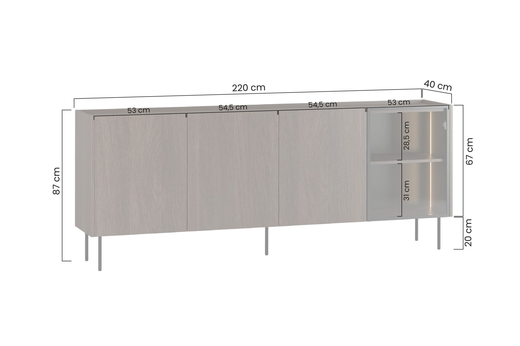 Madia 4 ante rovere con piede in metallo Ohra 220 x 40 cm