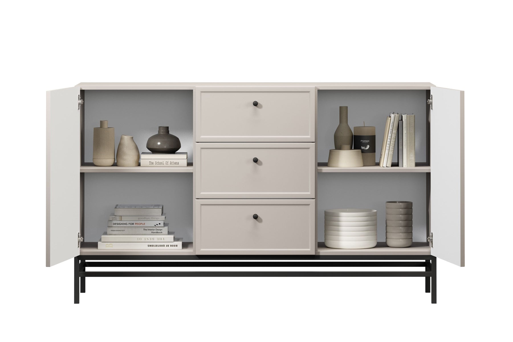 Madia 2 ante 3 cassetti cashmere con maniglie nere Lora 150x45 cm