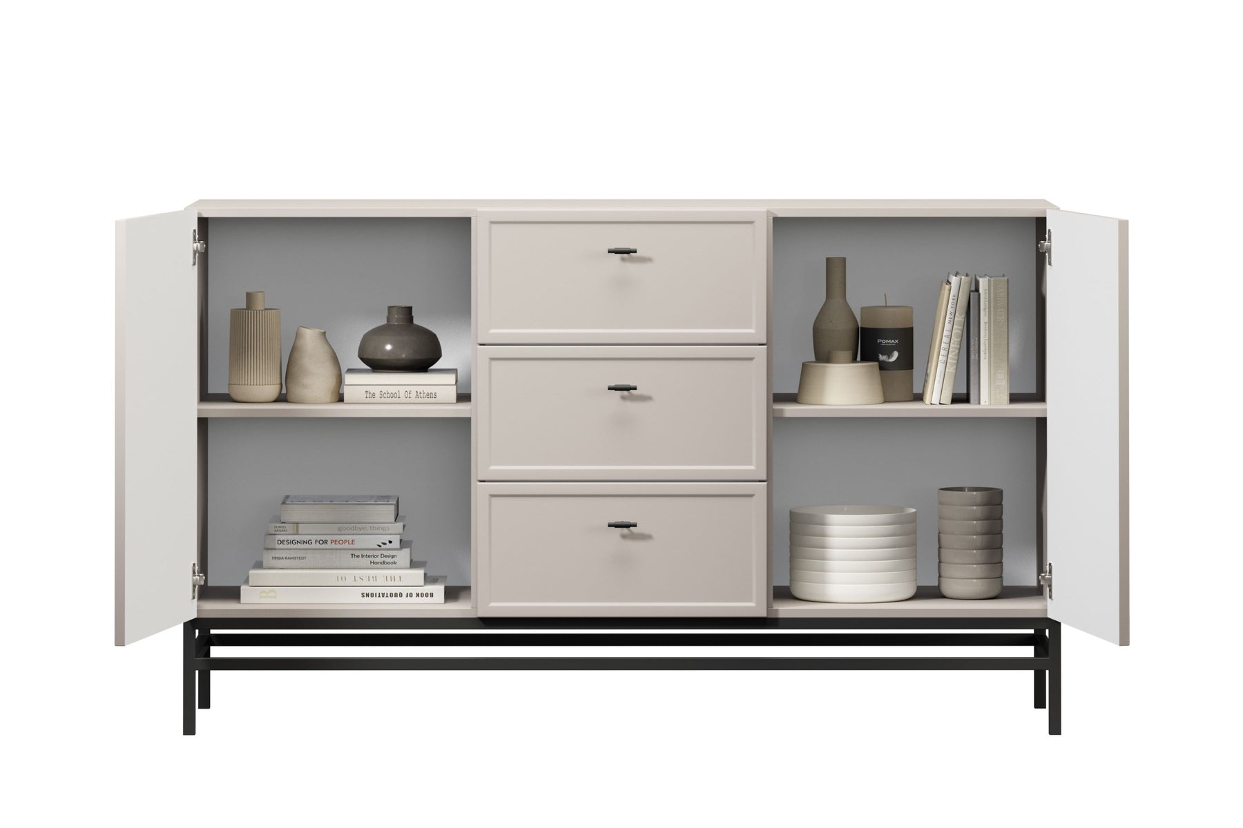 Madia 2 ante 3 cassetti cashmere con maniglie nere Lora 150x45 cm