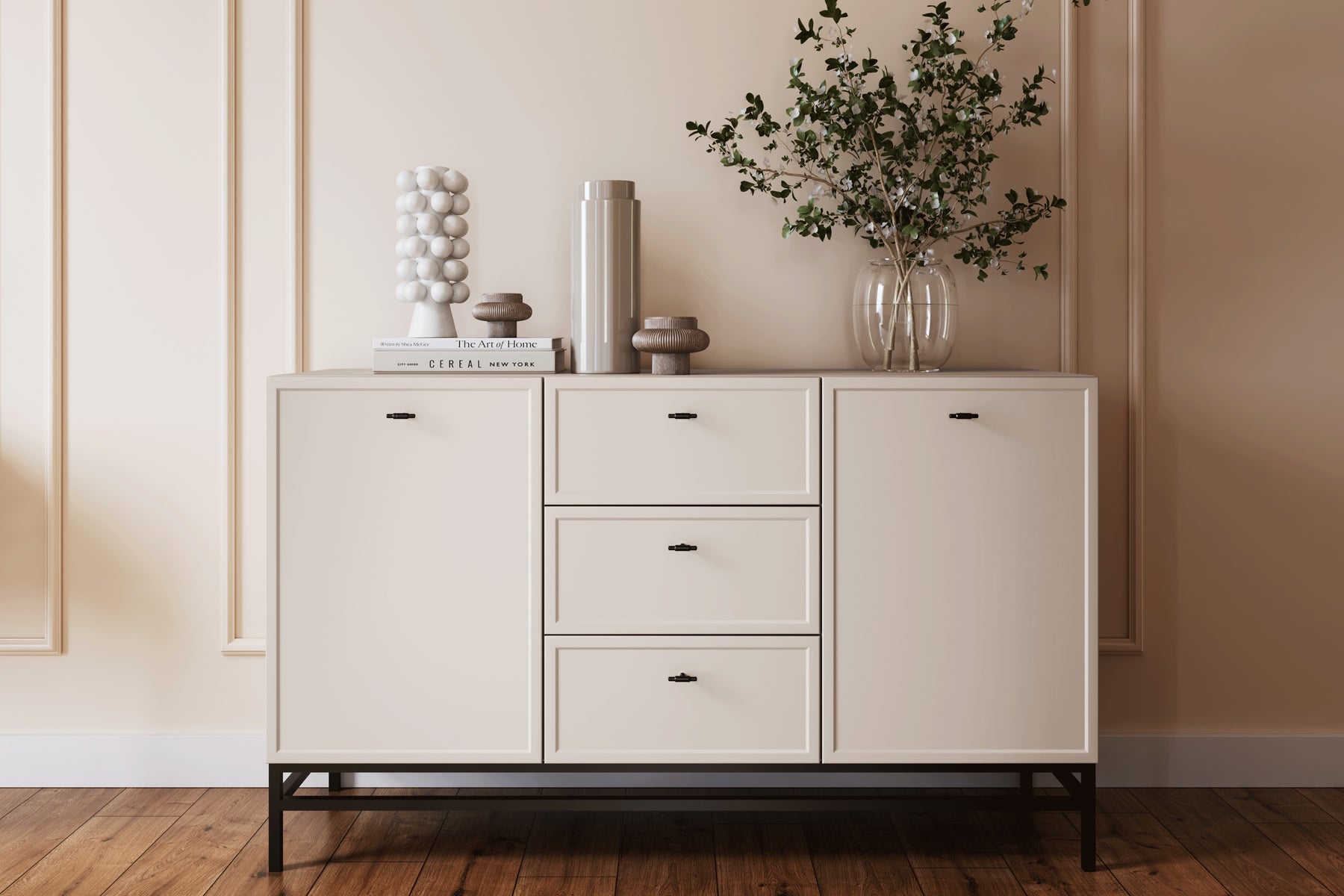 Madia 2 ante 3 cassetti cashmere con maniglie nere Lora 150x45 cm