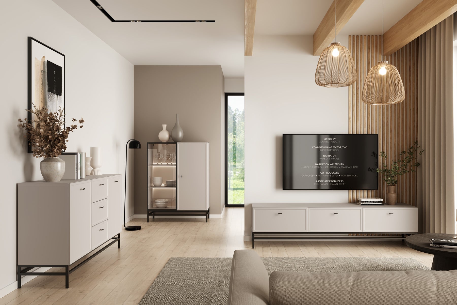 Madia 2 ante 3 cassetti cashmere con maniglie nere Lora 150x45 cm