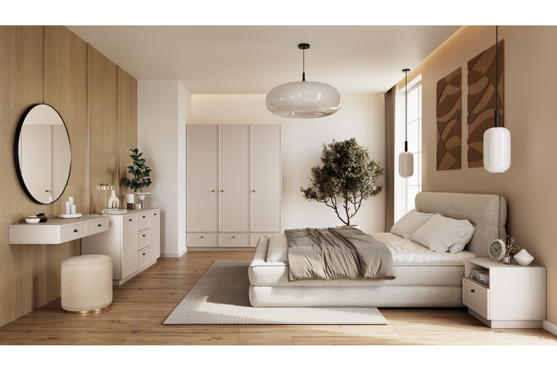 Madia 2 ante 3 cassetti cashmere con maniglie nere Lora 150x45 cm