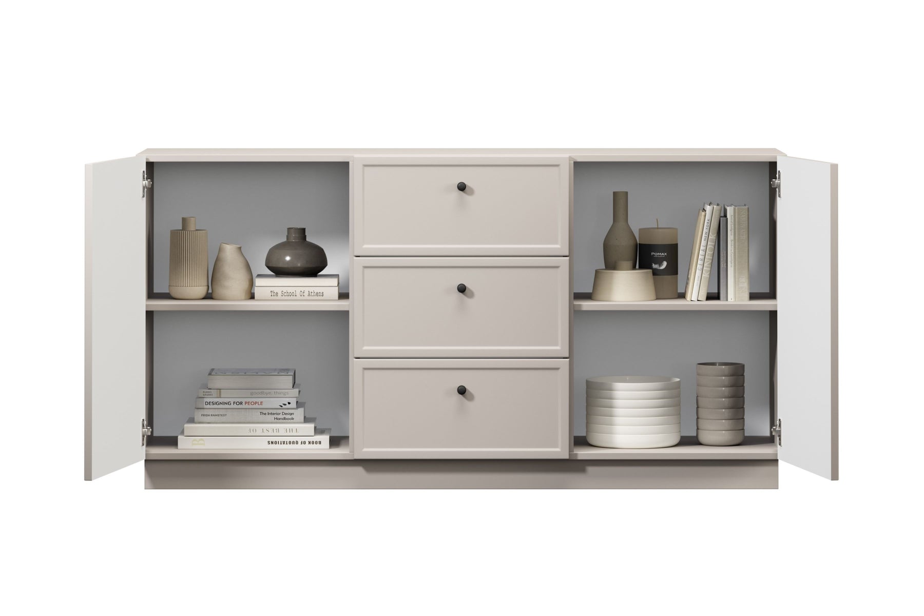 Madia 2 ante 3 cassetti cashmere con maniglie nere Lora 150x45 cm