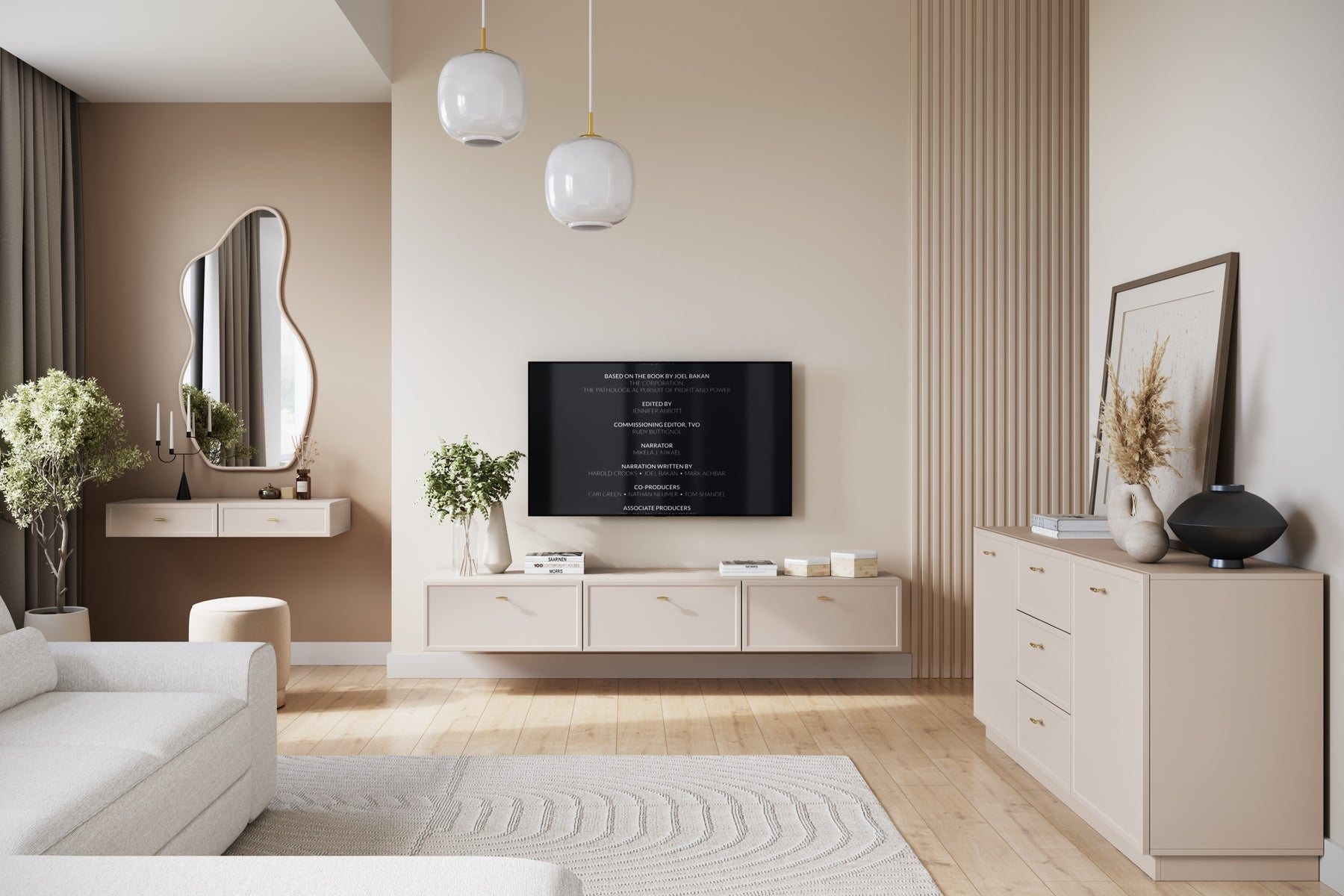 Madia 2 ante 3 cassetti cashmere con maniglie oro Lora 45x150 cm