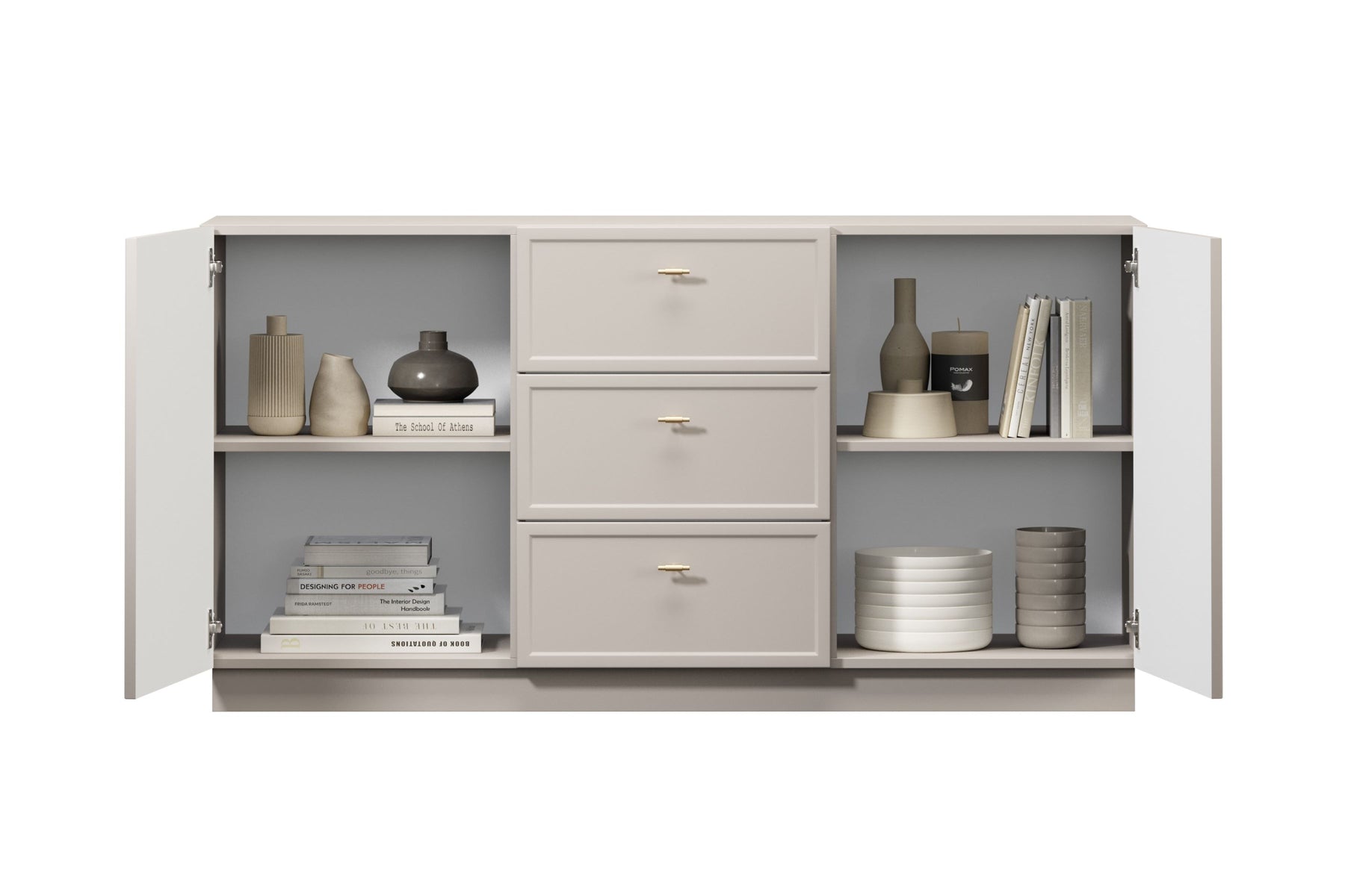 Madia 2 ante 3 cassetti cashmere con maniglie oro Lora 45x150 cm