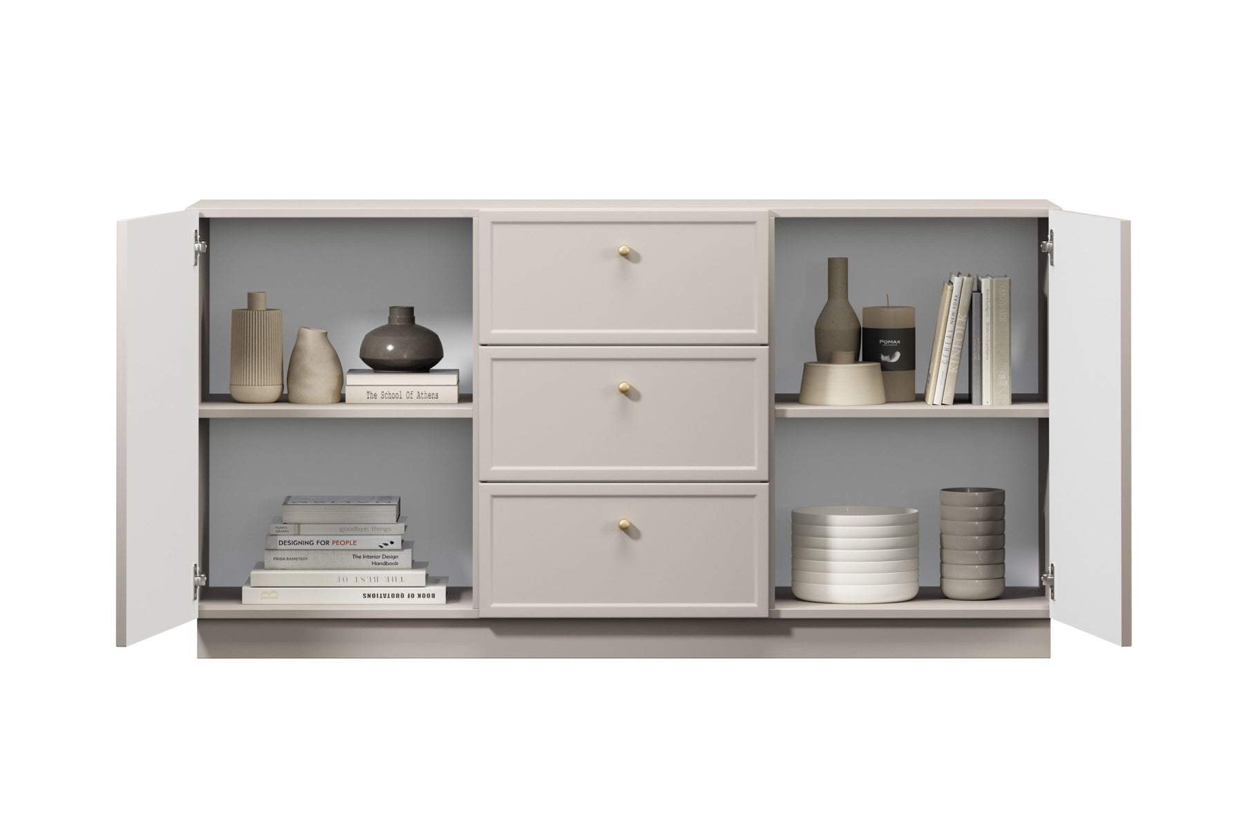 Madia 2 ante 3 cassetti cashmere con maniglie oro Lora 45x150 cm