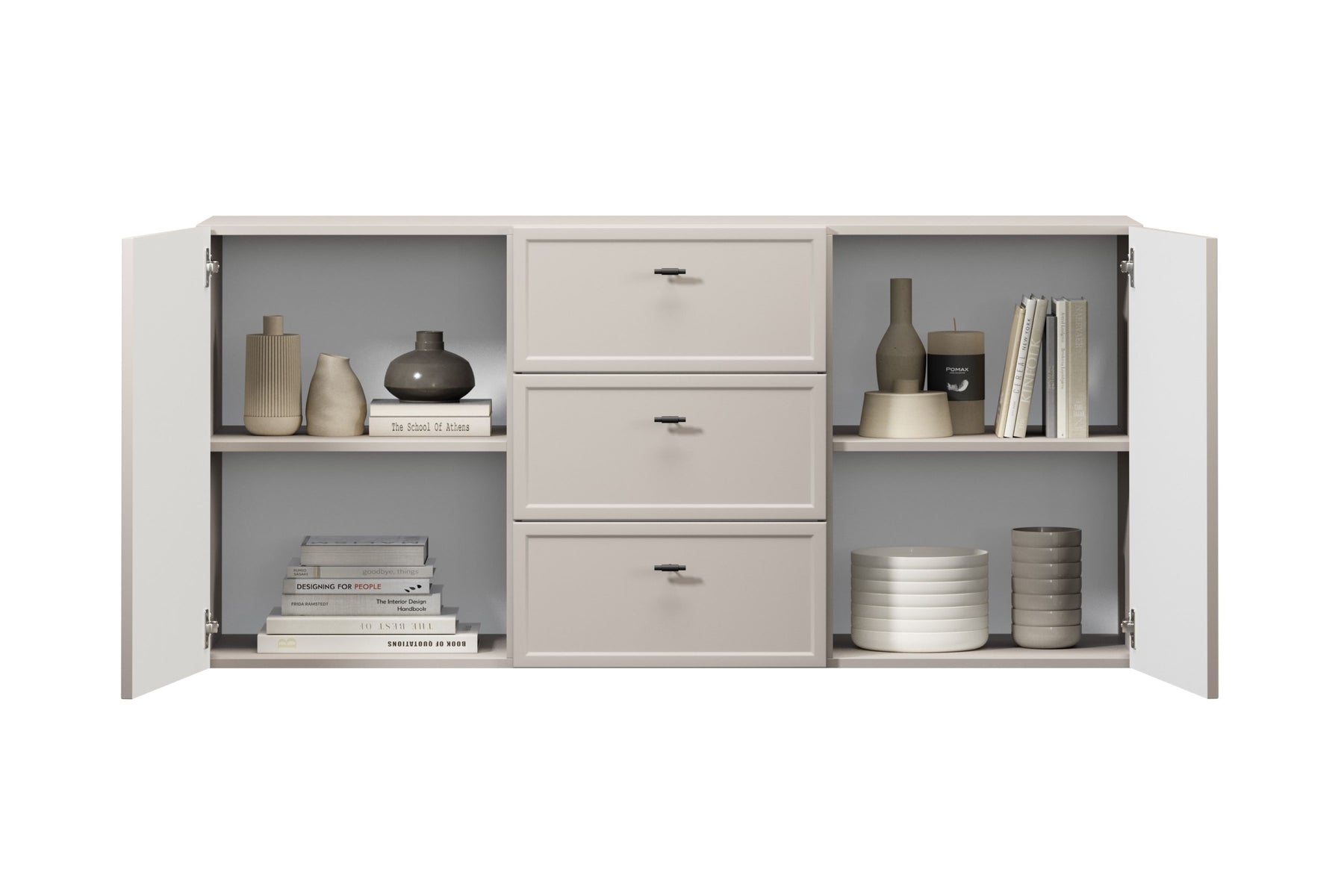 Madia 2 ante 3 cassetti cashmere con maniglie nere Lora 150x45 cm