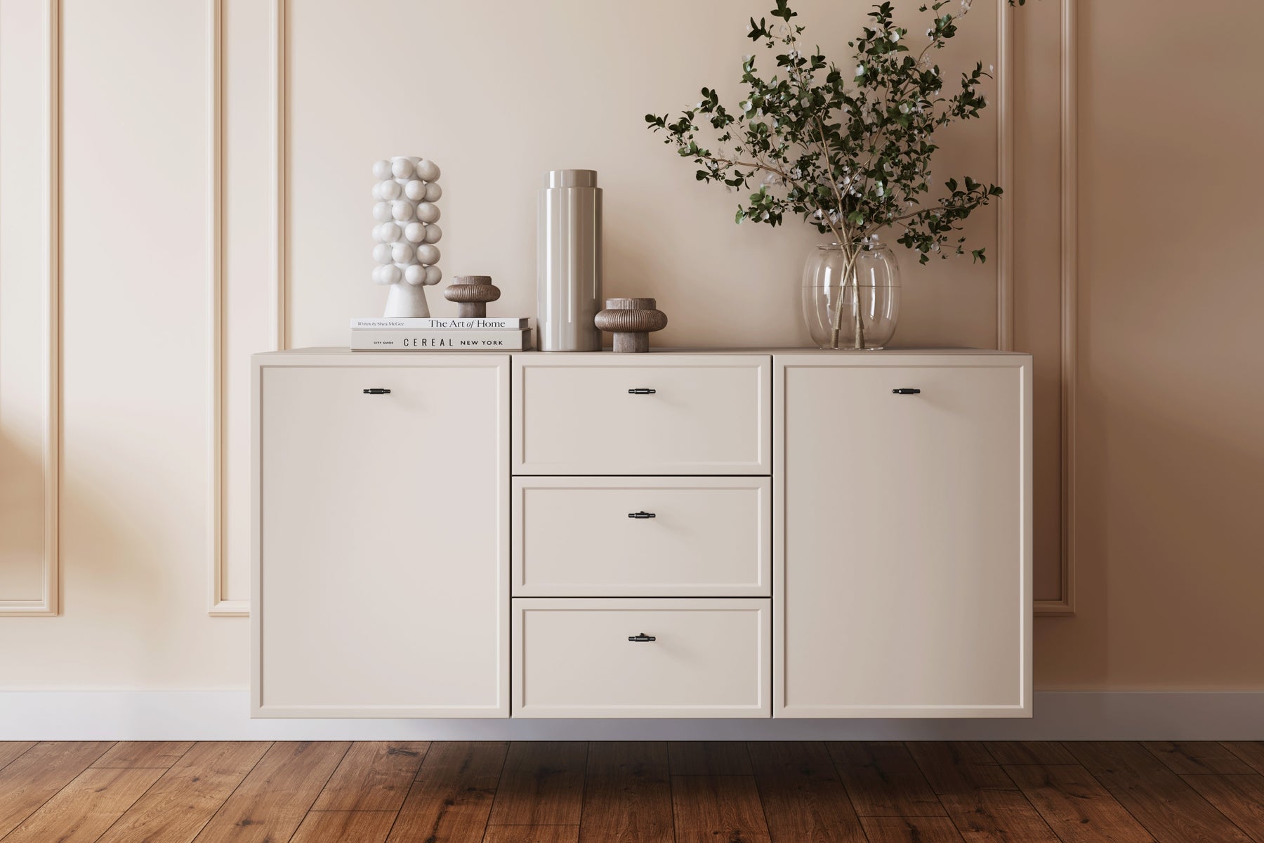 Madia 2 ante 3 cassetti cashmere con maniglie nere Lora 150x45 cm