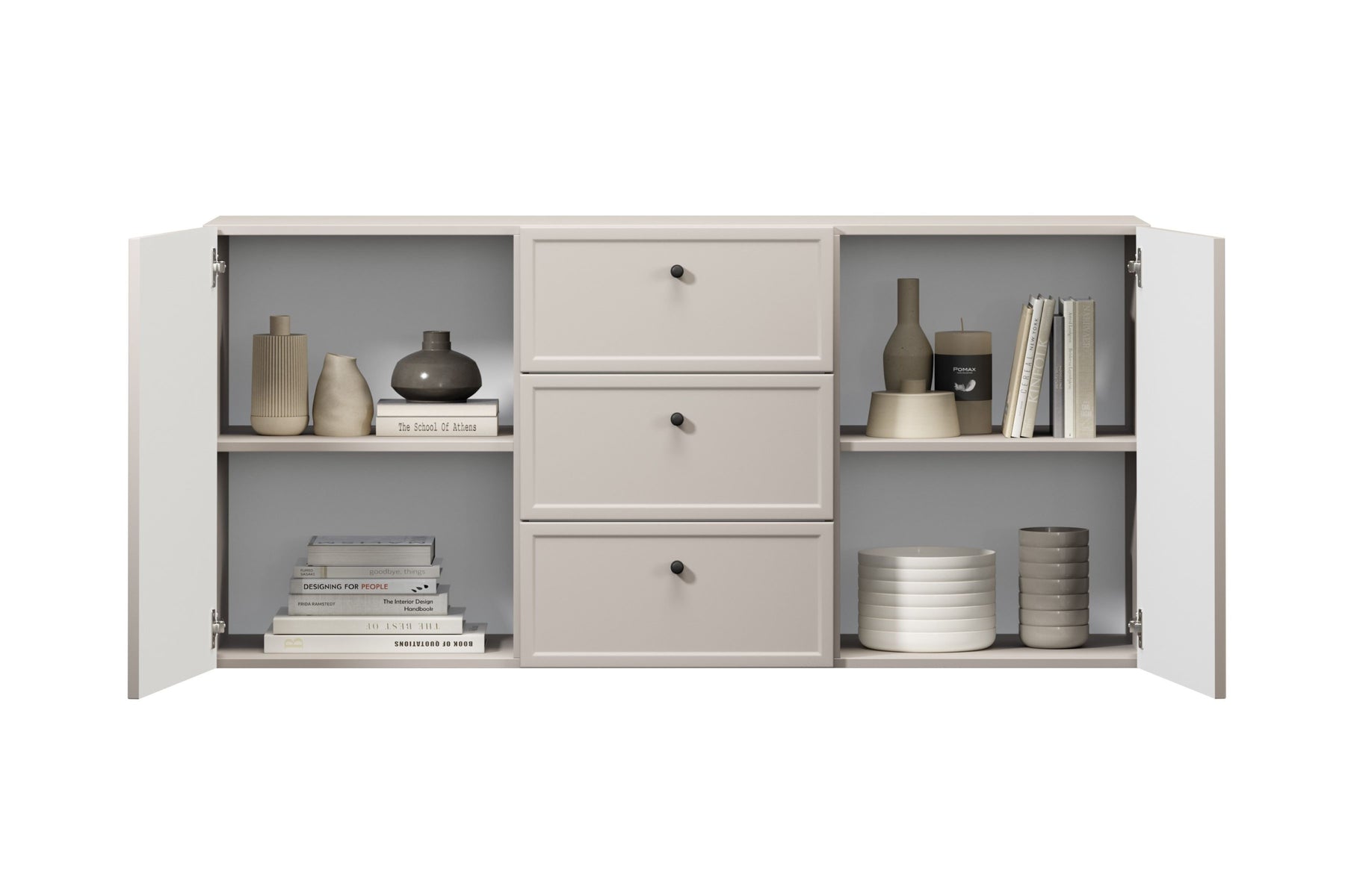 Madia 2 ante 3 cassetti cashmere con maniglie nere Lora 150x45 cm