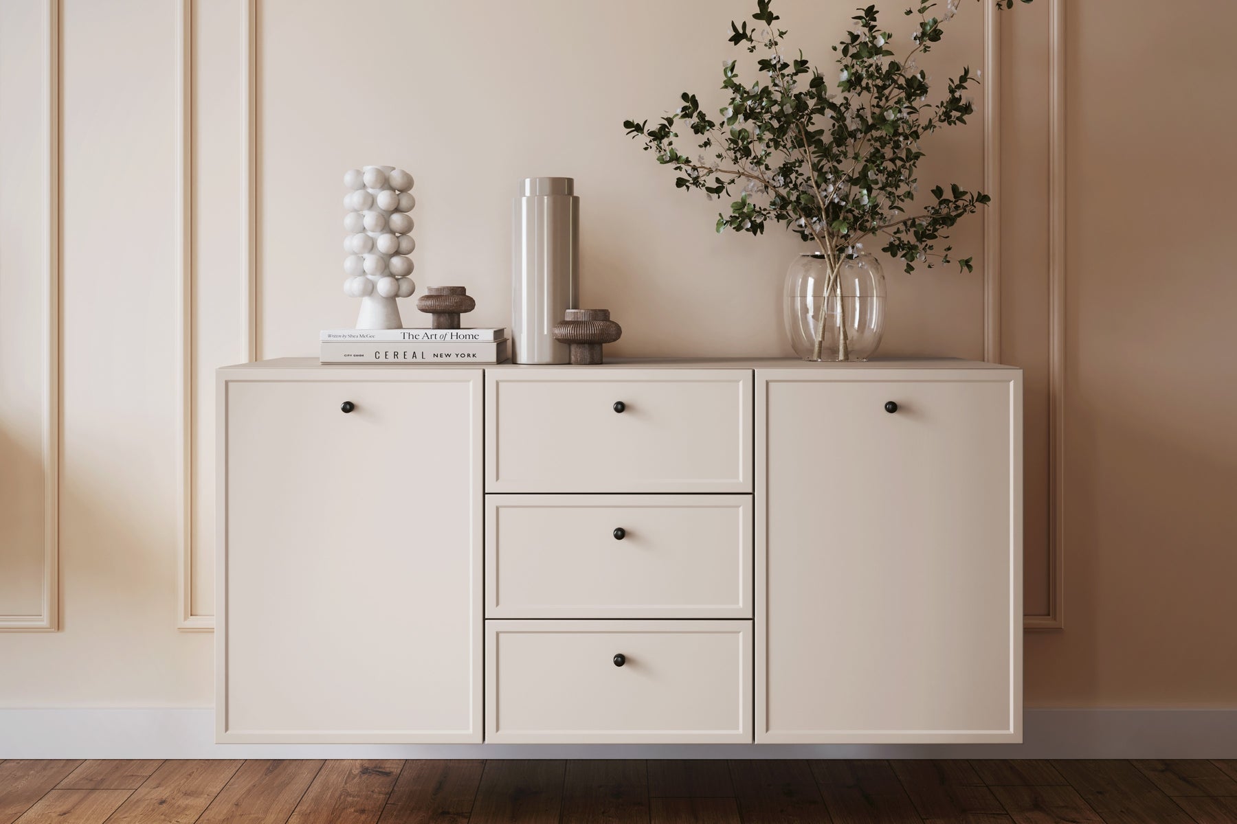 Madia 2 ante 3 cassetti cashmere con maniglie nere Lora 150x45 cm