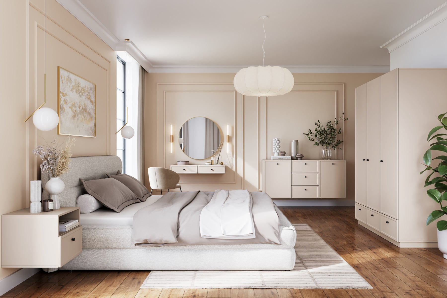 Madia 2 ante 3 cassetti cashmere con maniglie nere Lora 150x45 cm