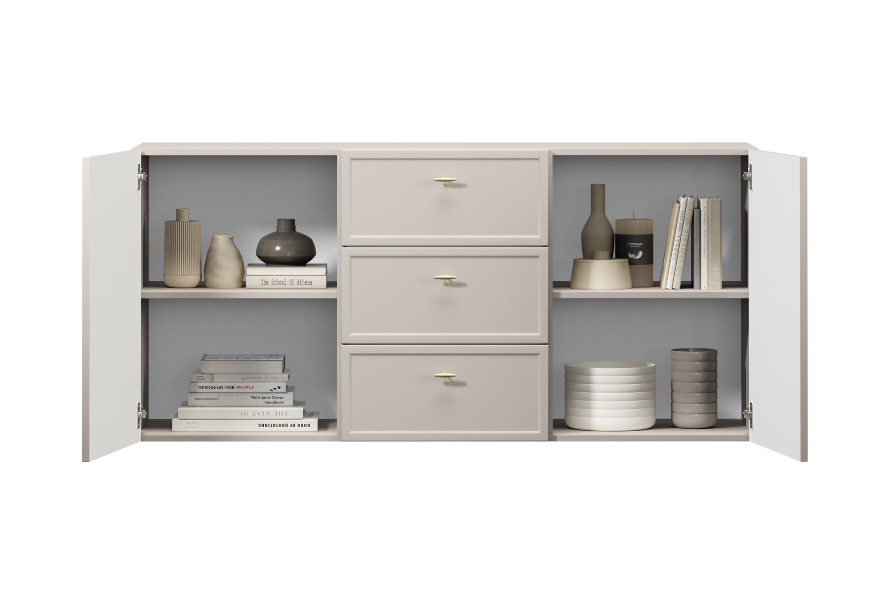 Madia 2 ante 3 cassetti cashmere con maniglie oro Lora 45x150 cm