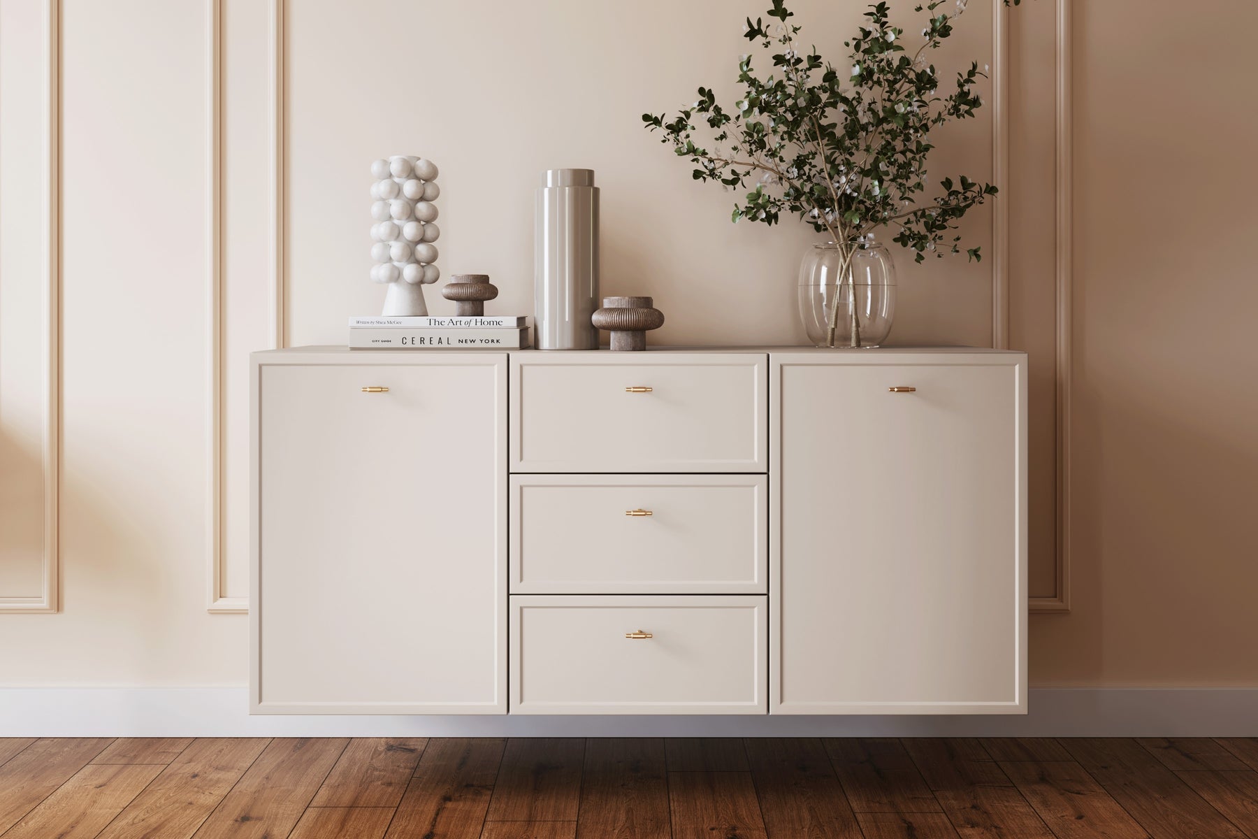 Madia 2 ante 3 cassetti cashmere con maniglie oro Lora 45x150 cm