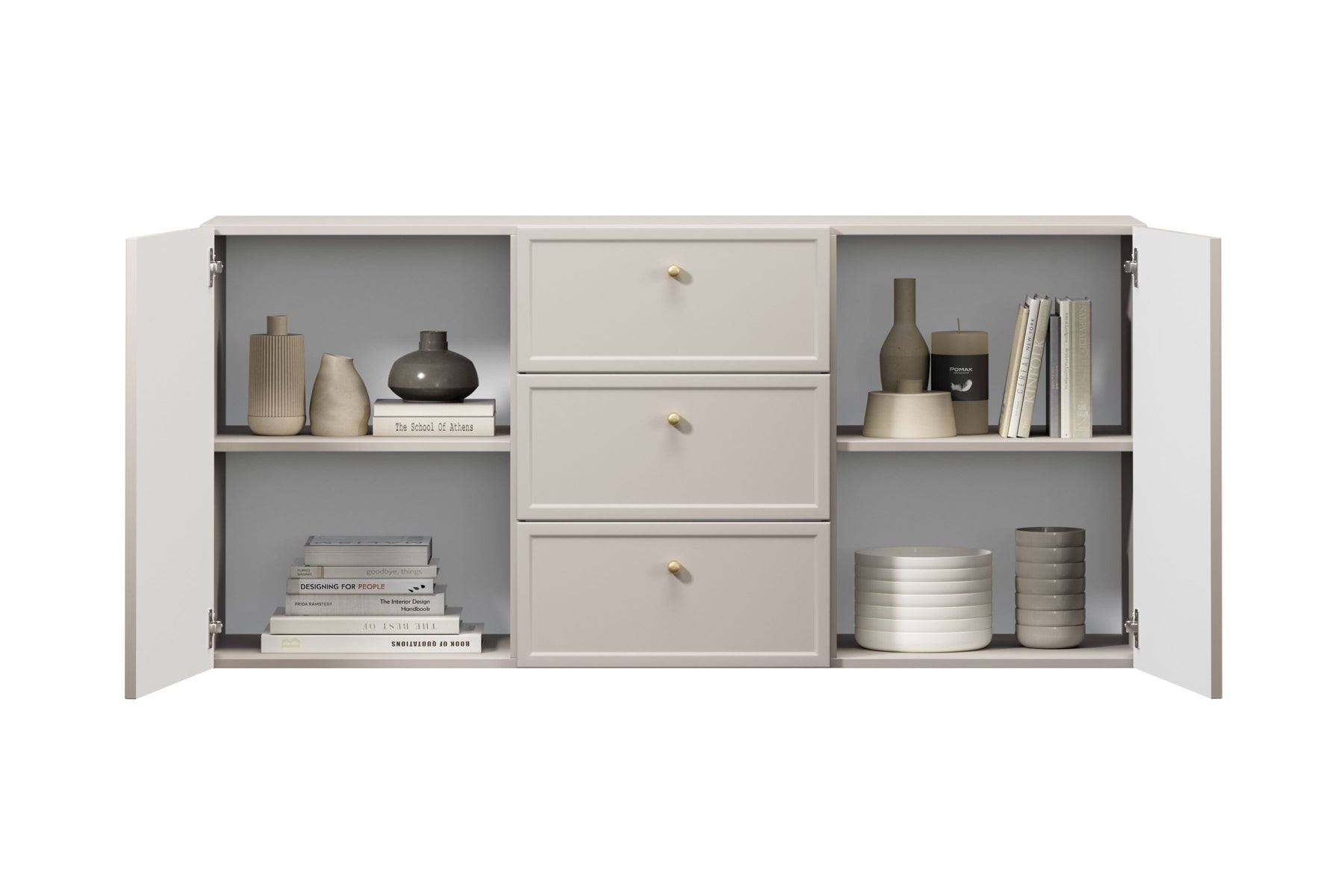 Madia 2 ante 3 cassetti cashmere con maniglie oro Lora 45x150 cm