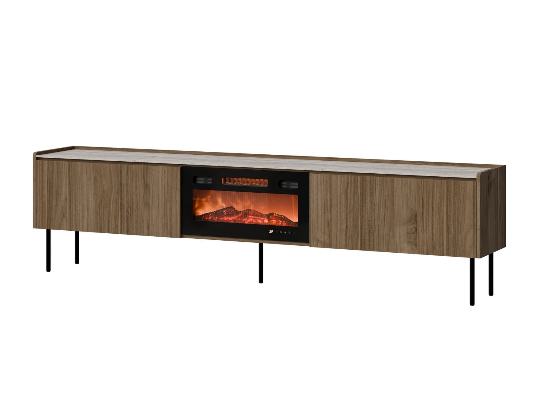 Mobile TV con camino elettrico 2 ante noce con gambe in metallo Kos 210 x 54,5 cm