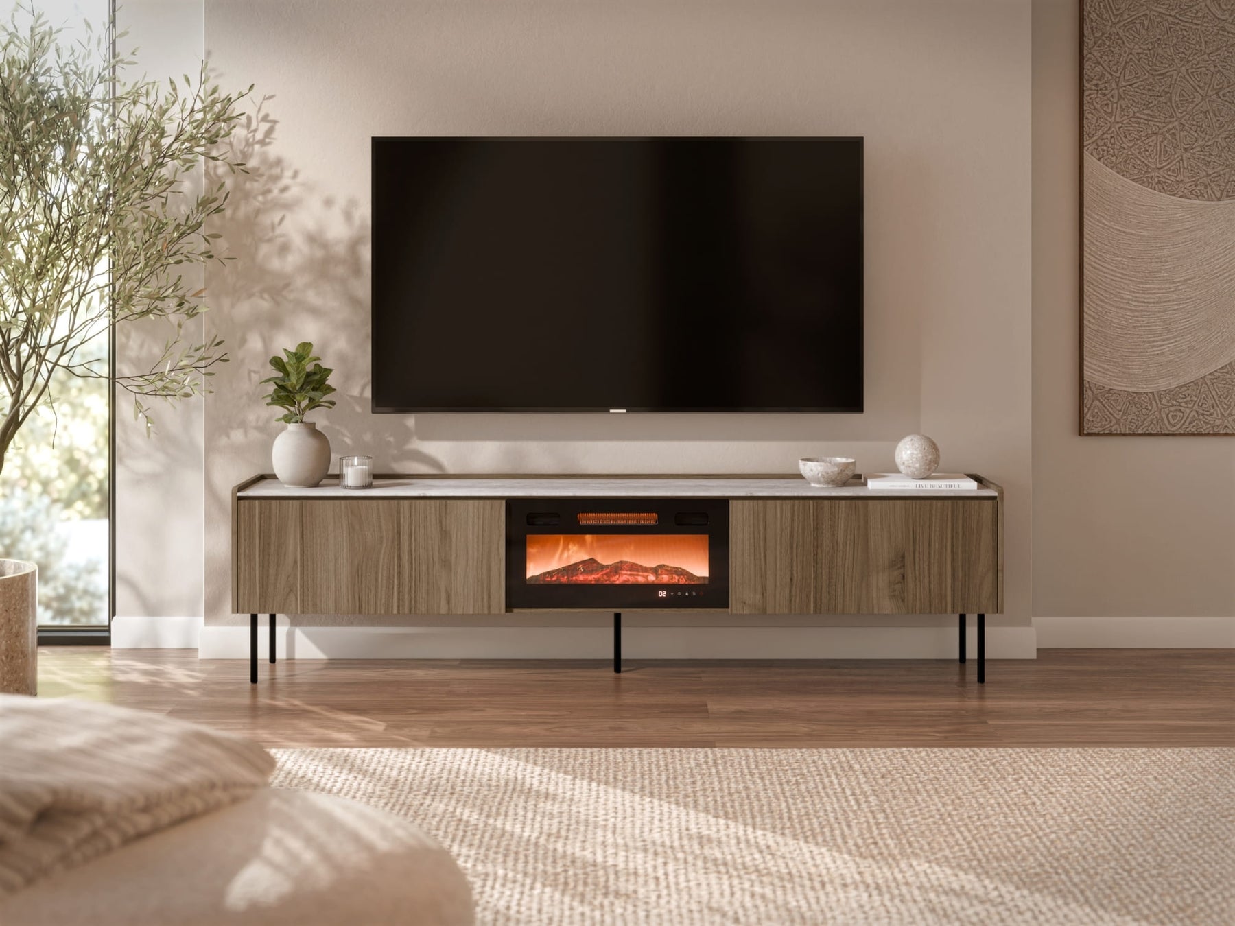 Mobile TV con camino elettrico 2 ante noce con gambe in metallo Kos 210 x 54,5 cm