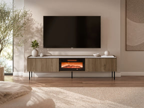 Mobile TV con camino elettrico 2 ante noce con gambe in metallo Kos 210 x 54,5 cm