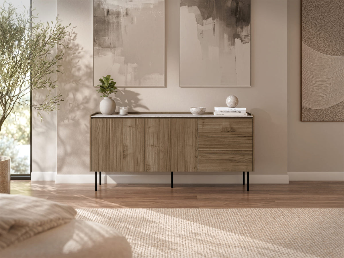 Madia a 2 ante e 3 cassetti noce con gambe in metallo Kos 160 x 75 cm