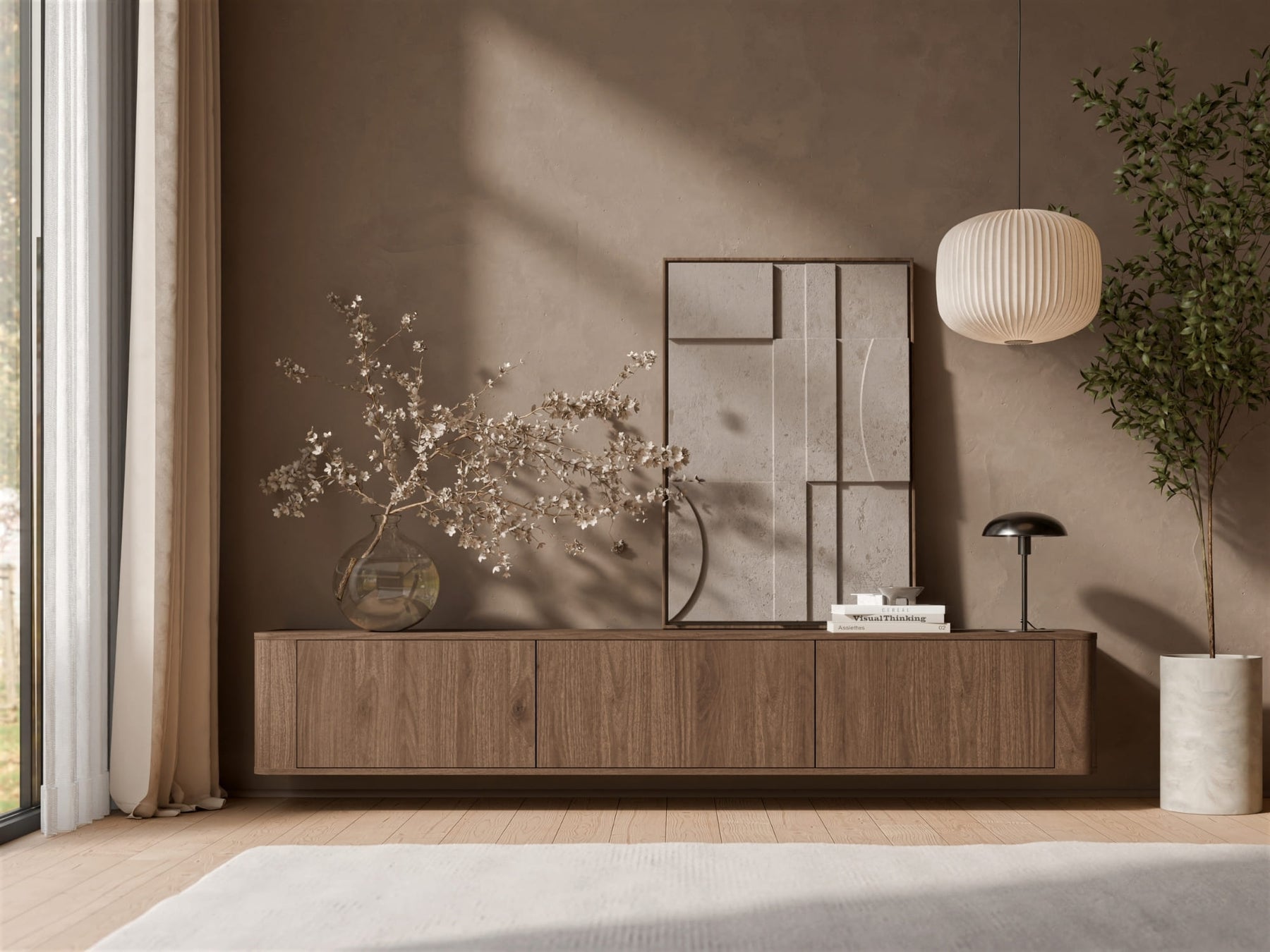 Mobile TV sospeso in legno noce opaco 3 ante Kadro 210 x 45cm