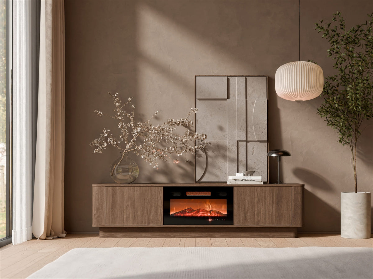 Mobile TV con camino elettrico in legno noce opaco 2 ante Kadro 180 x 46 cm