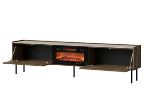 Mobile TV con camino elettrico 2 ante noce con gambe in metallo Kos 210 x 54,5 cm