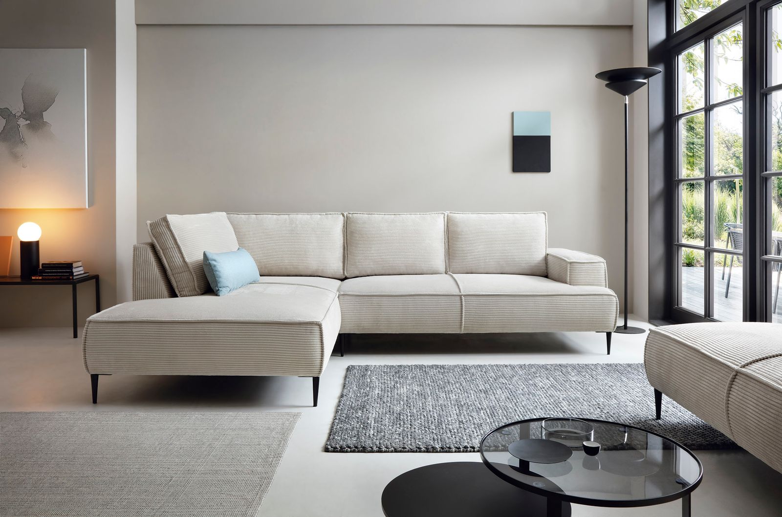 Divano angolare in velluto a coste beige Cushy 275x83 cm