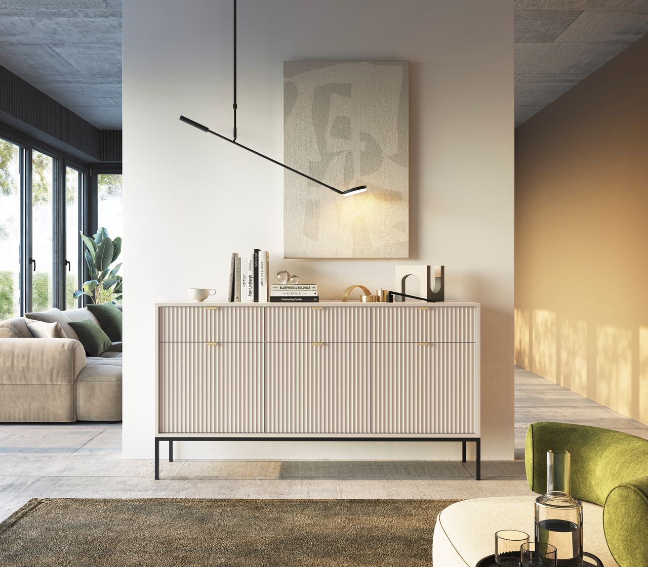 Madia con piedi in metallo 3 ante e 3 cassetti in legno laminato Miseno 154x83 cm