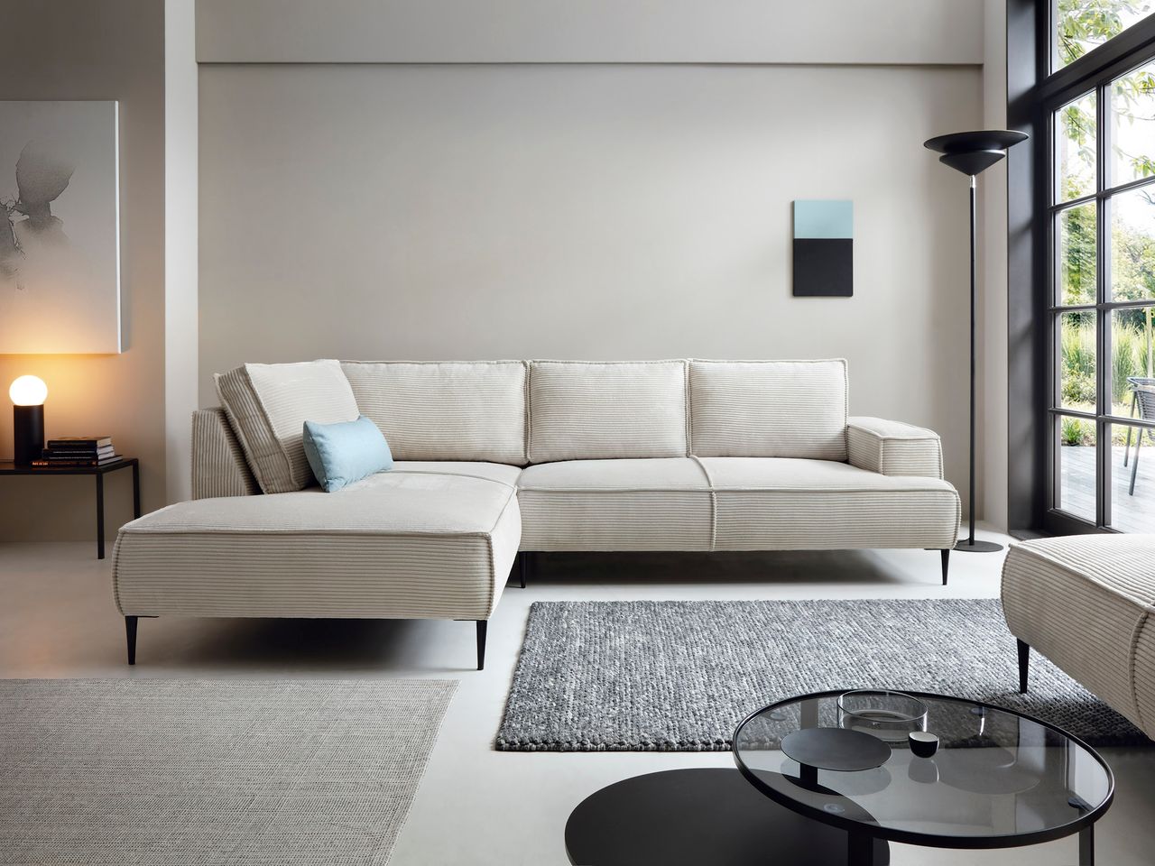 Divano angolare in velluto a coste beige Cushy 275x83 cm