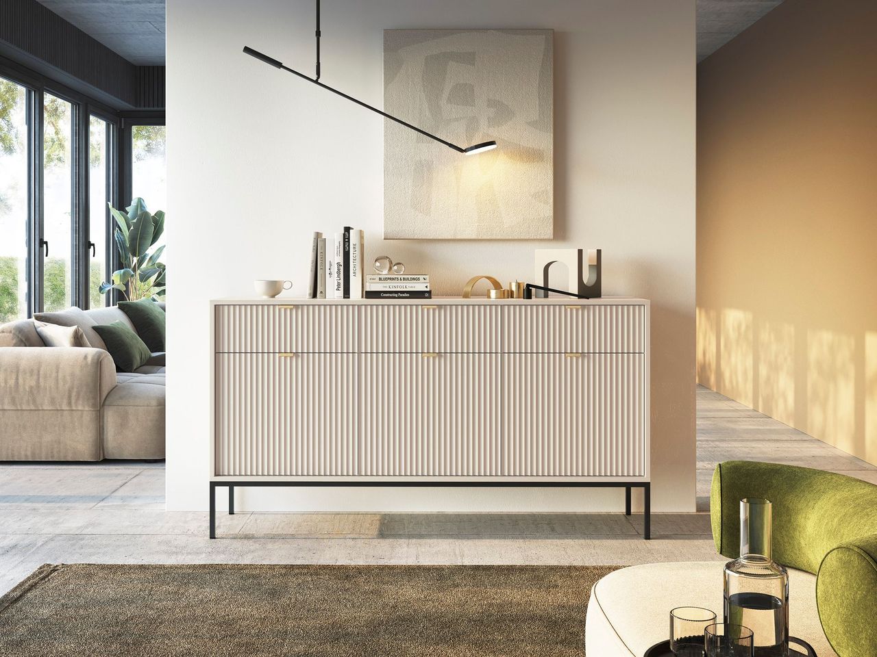 Madia con piedi in metallo 3 ante e 3 cassetti in legno laminato Miseno 154x83 cm