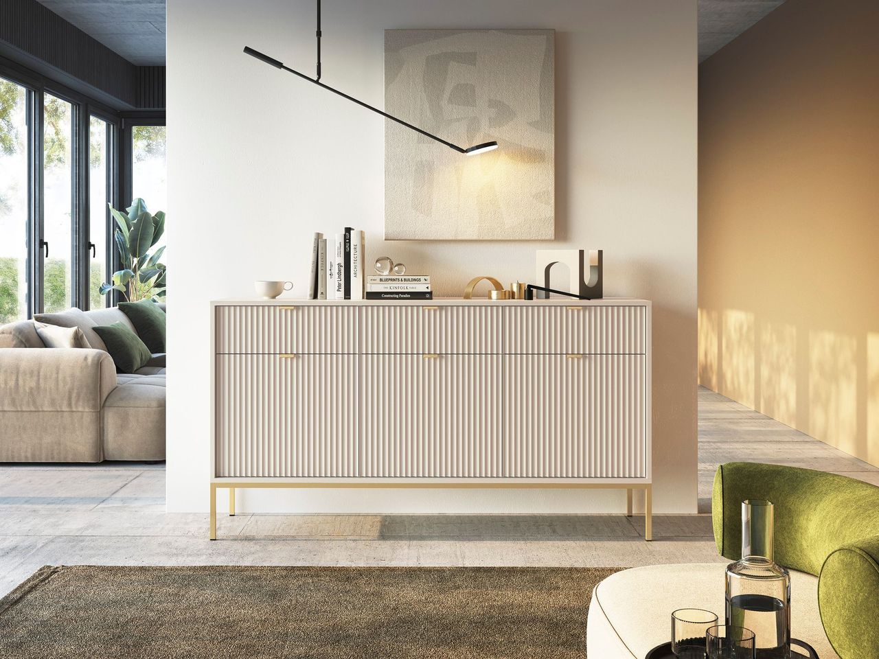 Madia con piedi in metallo 3 ante e 3 cassetti in legno laminato Miseno 154x83 cm