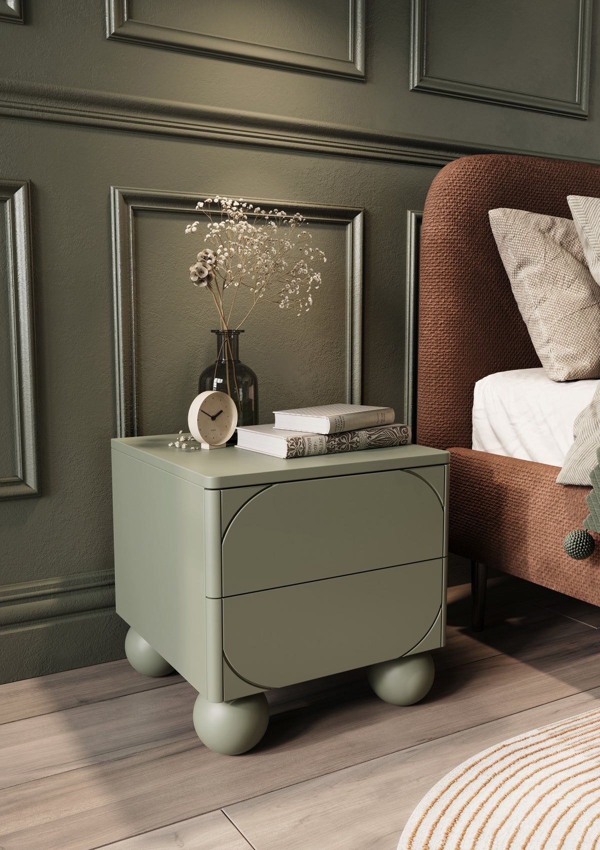 Comodino 2 cassetti verde oliva Sonatia 49x55 cm