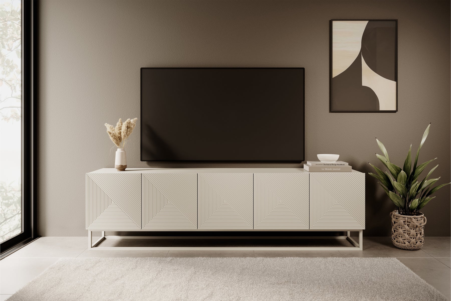 Mobile TV 5 ante in legno laminato con piede in metallo Asha 200 x 40 cm