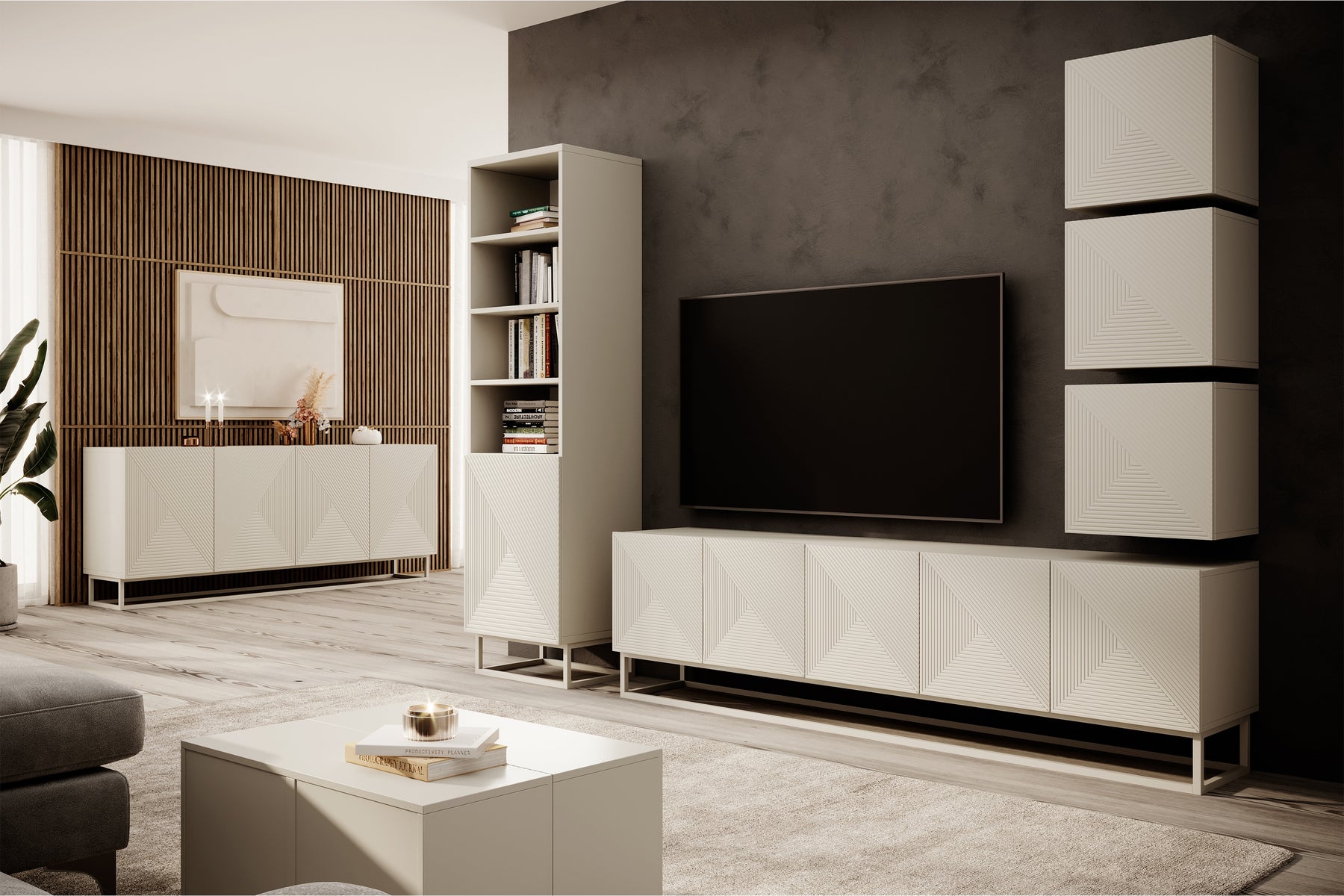 Mobile TV 5 ante in legno laminato con piede in metallo Asha 200 x 40 cm