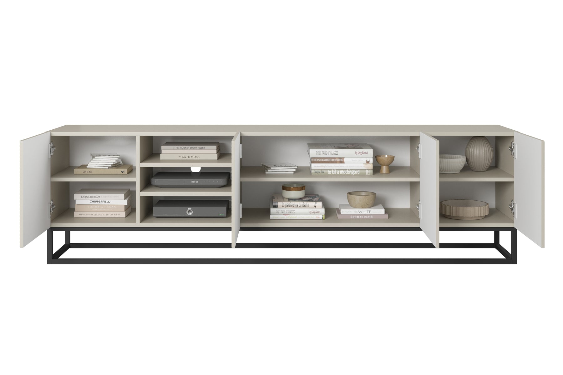 Mobile TV 4 ante in legno laminato con piede in metallo Asha 200x56 cm