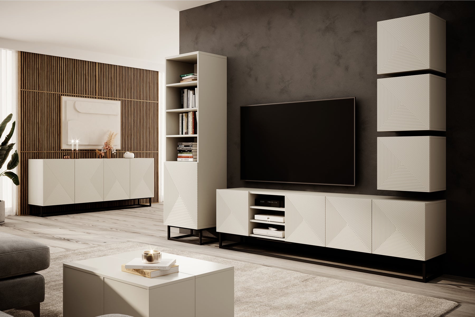 Mobile TV 4 ante in legno laminato con piede in metallo Asha 200x56 cm