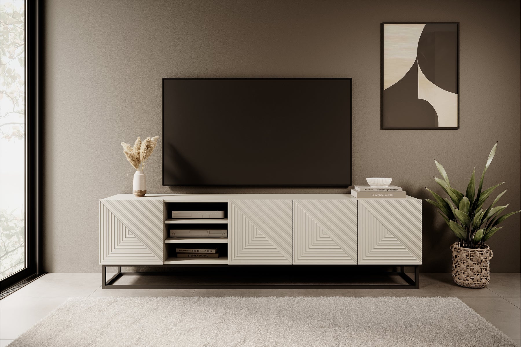 Mobile TV 4 ante in legno laminato con piede in metallo Asha 200x56 cm