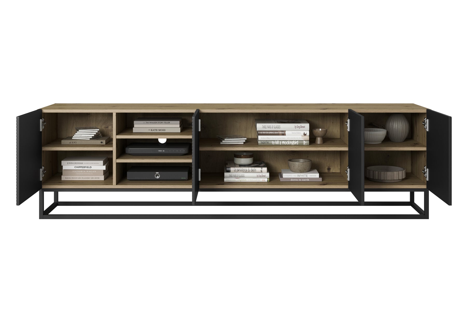 Mobile TV 4 ante in legno laminato con piede in metallo Asha 200x56 cm