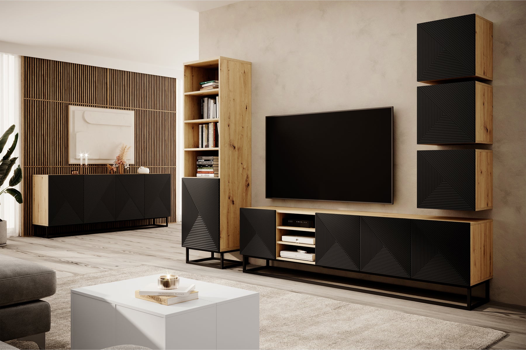 Mobile TV 4 ante in legno laminato con piede in metallo Asha 200x56 cm