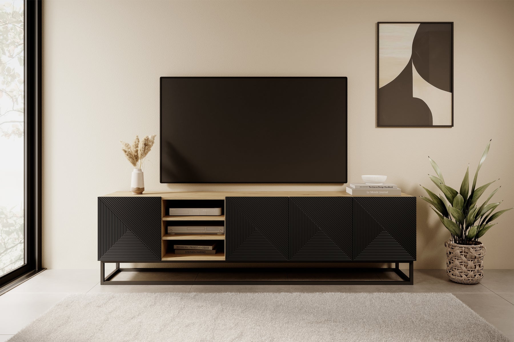 Mobile TV 4 ante in legno laminato con piede in metallo Asha 200x56 cm