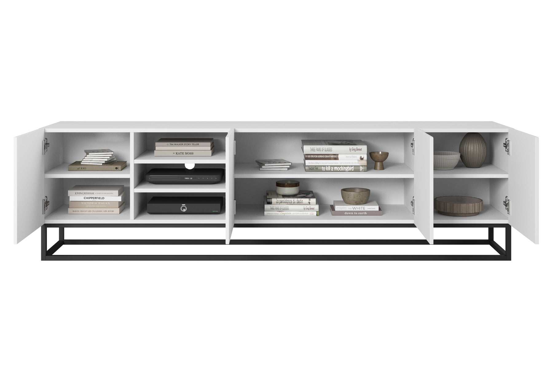 Mobile TV 4 ante in legno laminato con piede in metallo Asha 200x56 cm