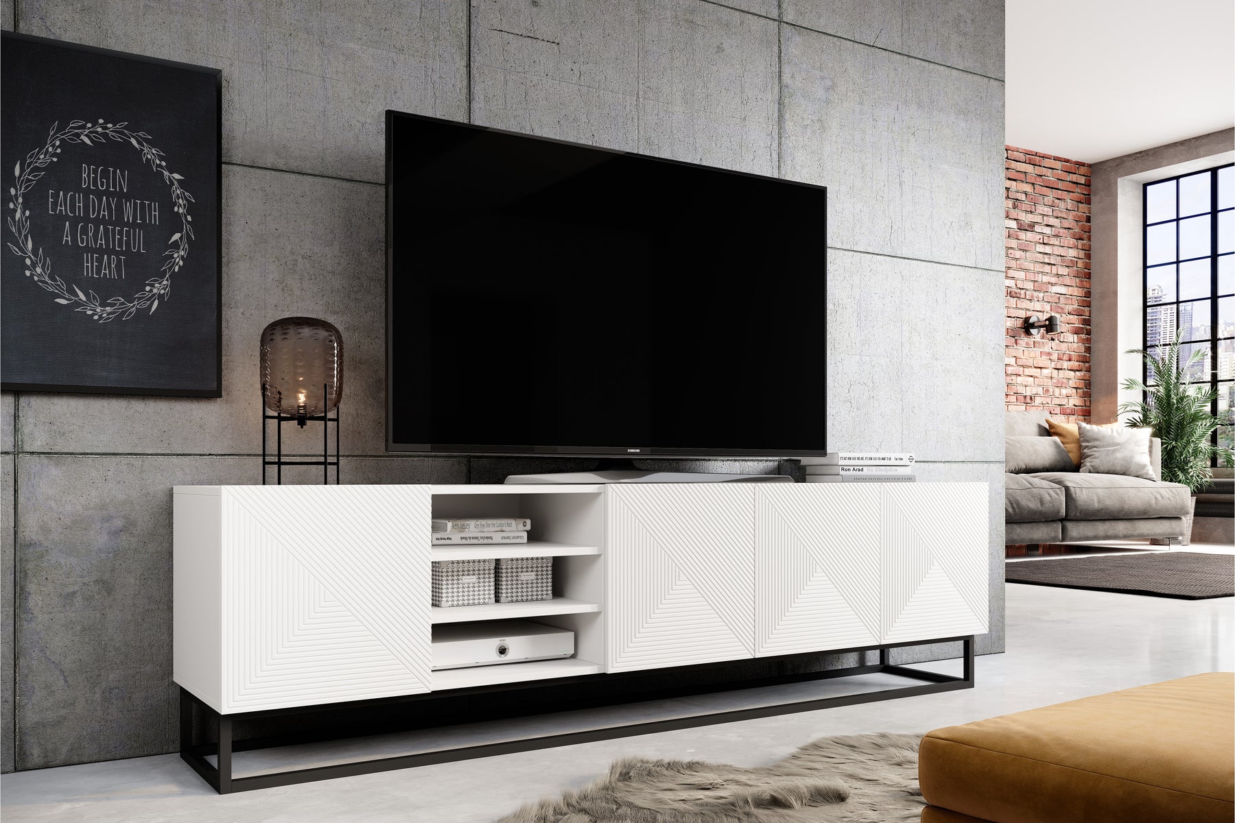 Mobile TV 4 ante in legno laminato con piede in metallo Asha 200x56 cm