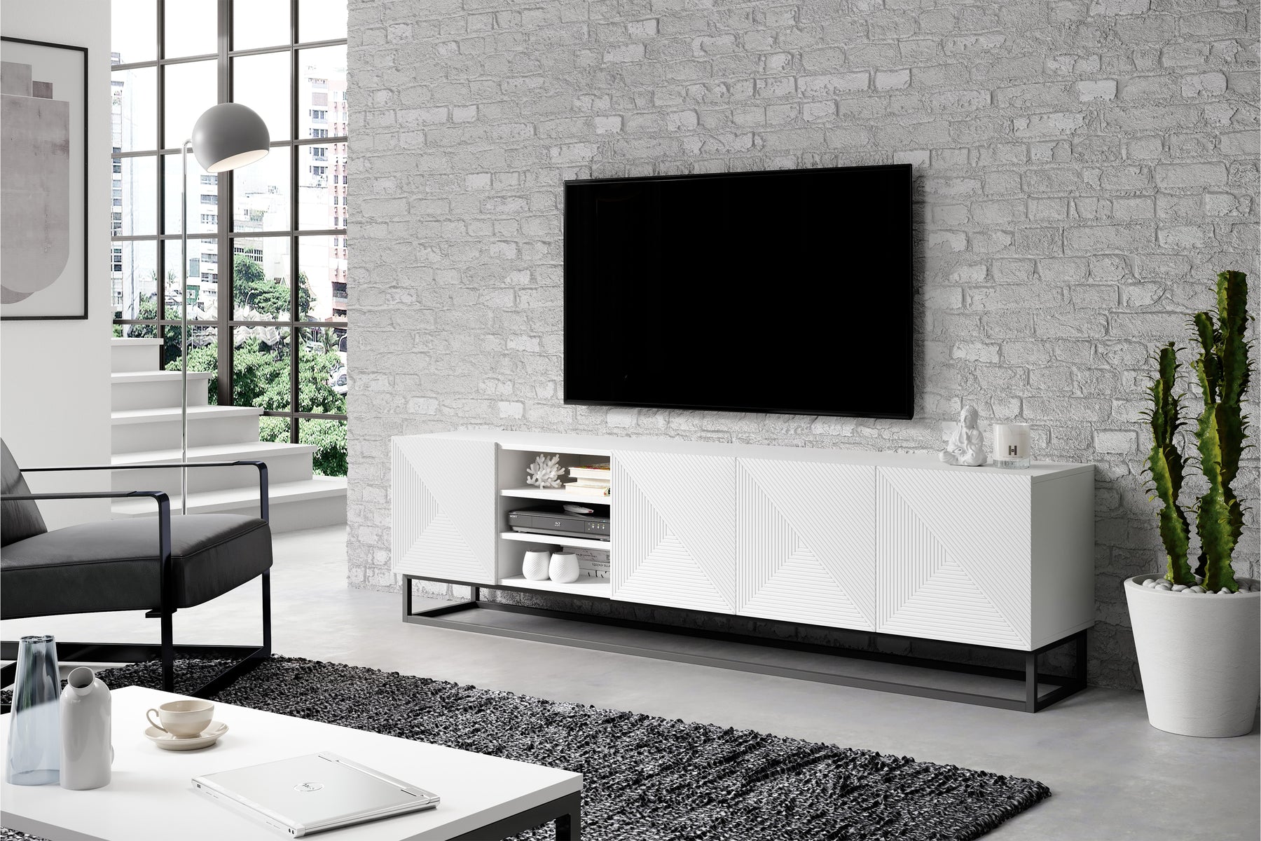 Mobile TV 4 ante in legno laminato con piede in metallo Asha 200x56 cm