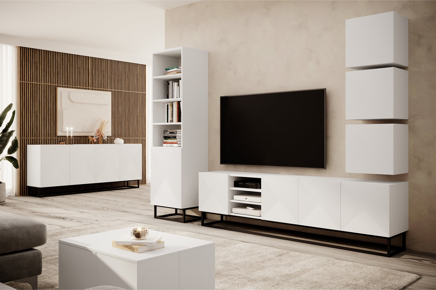 Mobile TV 4 ante in legno laminato con piede in metallo Asha 200x56 cm