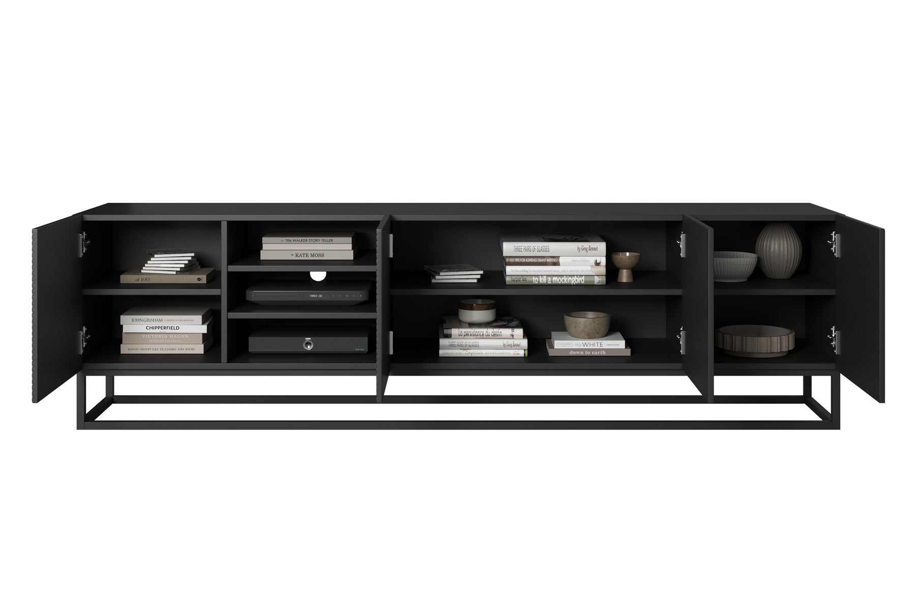 Mobile TV 4 ante in legno laminato con piede in metallo Asha 200x56 cm