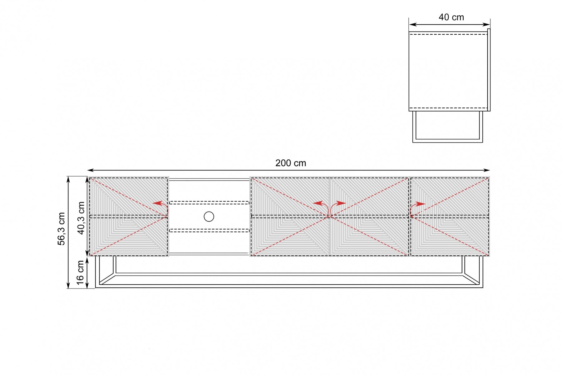 Mobile TV 4 ante in legno laminato con piede in metallo Asha 200x56 cm