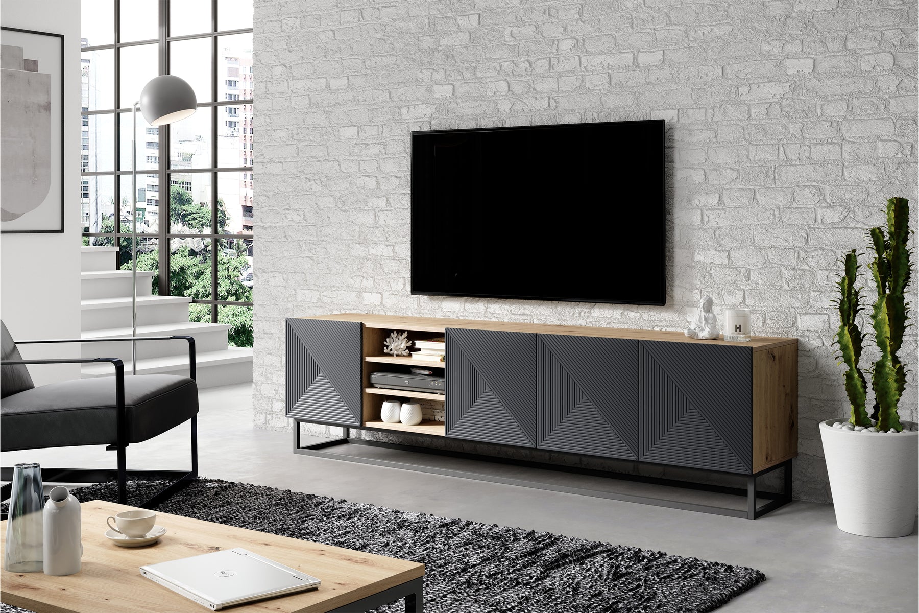 Mobile TV 4 ante in legno laminato con piede in metallo Asha 200x56 cm