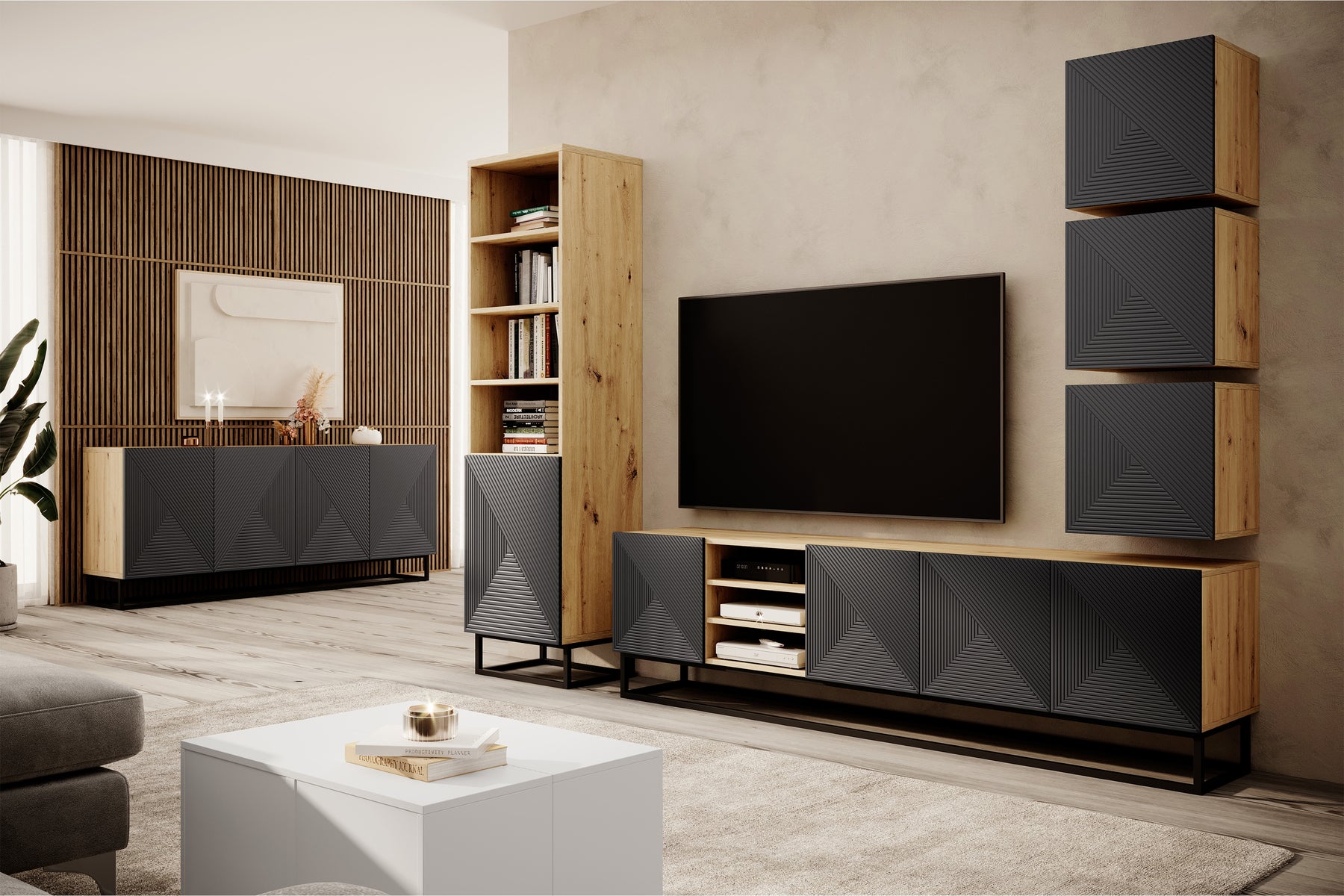 Mobile TV 4 ante in legno laminato con piede in metallo Asha 200x56 cm