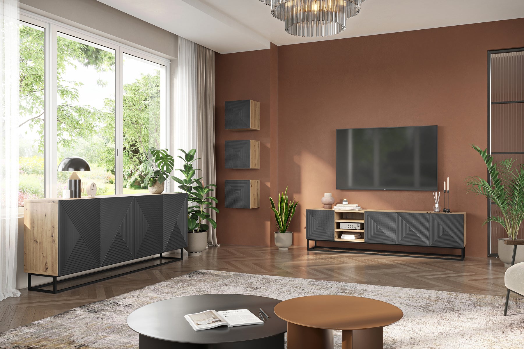 Mobile TV 4 ante in legno laminato con piede in metallo Asha 200x56 cm